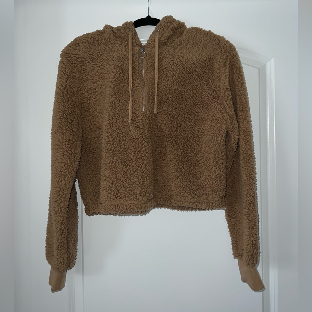 Brown Sherpa Cropped Half Zip Hoodie